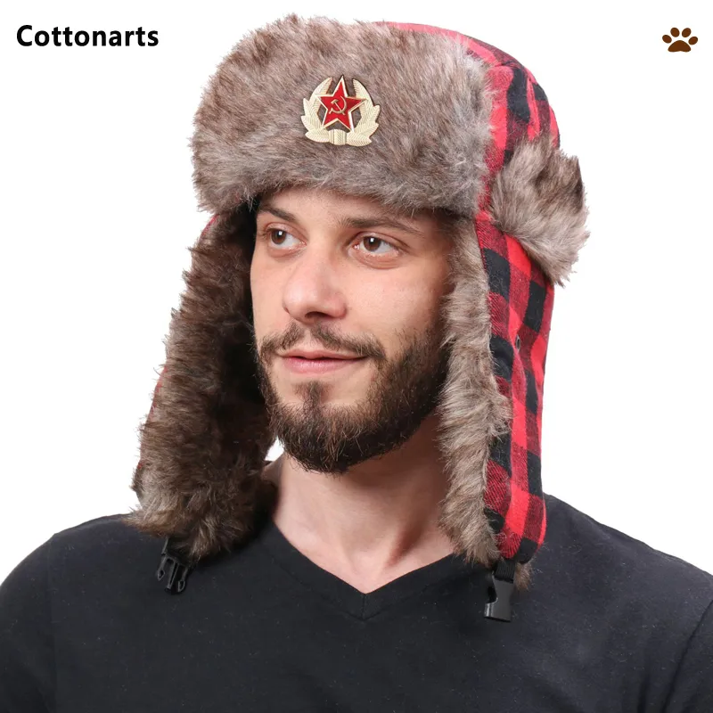 Sovjet Armé Militär Badge Ushanka Bomber Hat Gitter Print Russia Kepsar Faux Fur EarFlap Vinterhatt Varm Trapper Hattar Gorro Ruso