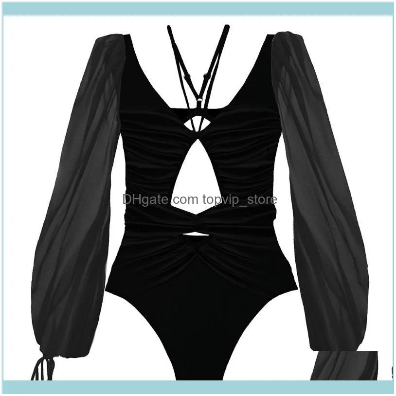 One Piece Swimsuit 2021 Long Sleeve Swimwear Women Bandage Print Monokini Sexy Black Bathing Suit String Backless Beachwear