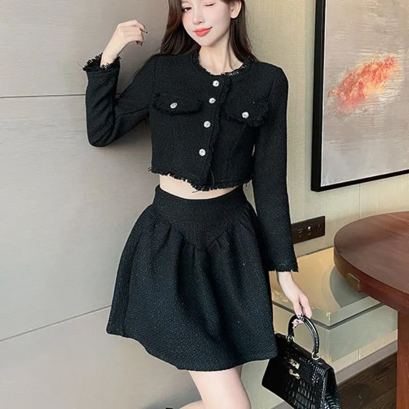 Vintage Tweed Two Piece Set With Crop Top, Woolen Short Dress 