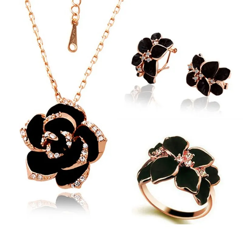 Mode Rosen Blume Schmuck Halsketten Set Rose Gold Farbe Schwarz Malerei Braut Schmuck Sets für Frauen Hochzeit