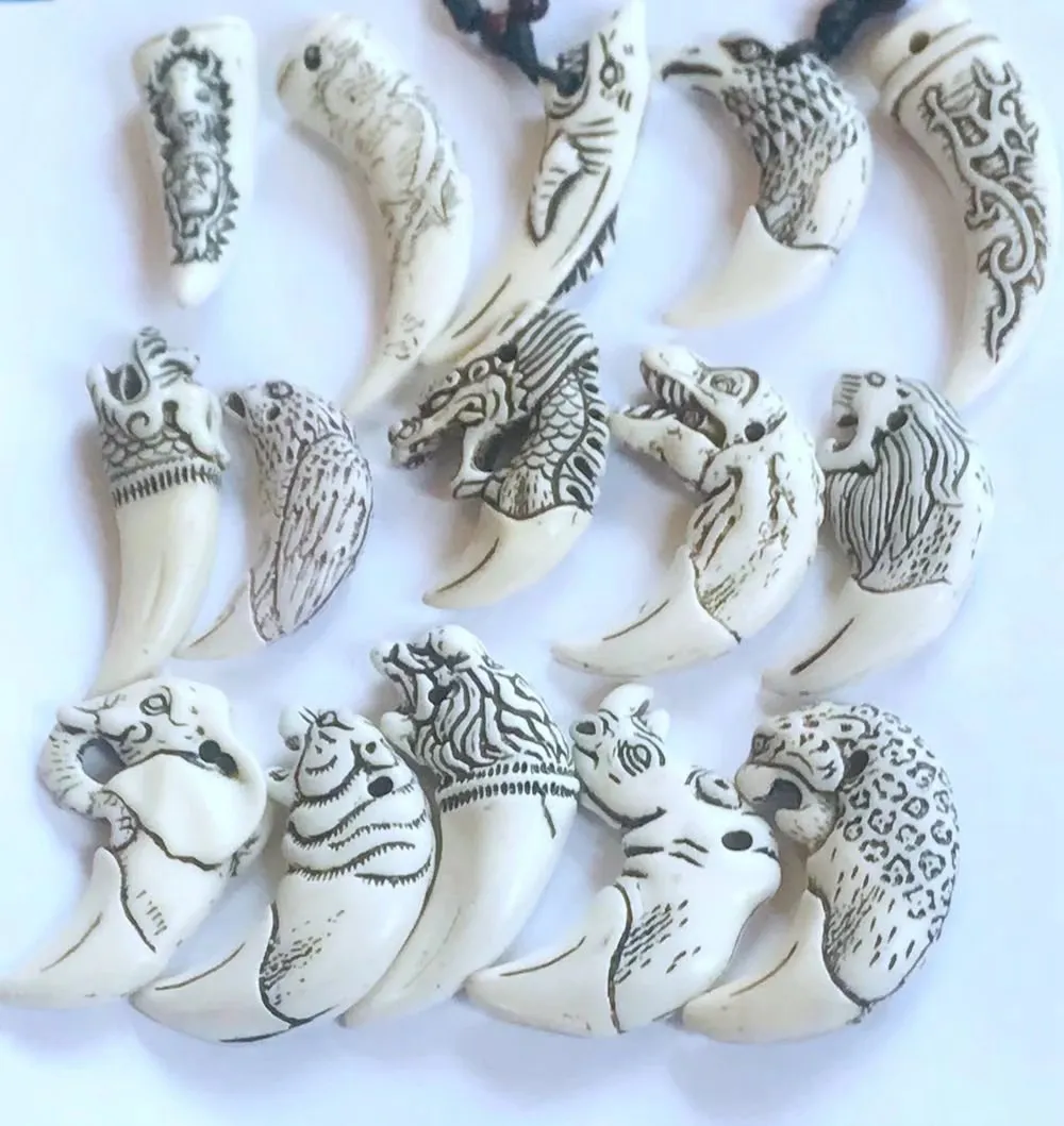 15 PCS Faux Yak Bone Mixed Lion Shark Totem Key ring Carve Resin Tooth Charms Wax Cotton Cord Tribal Keychain