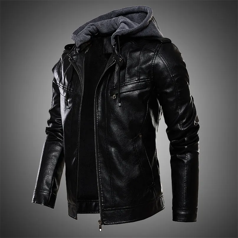 Herrenjacke PU-Lederjacke Männer mit Kapuze Mantel Pelz gefüttert Motorradjacke Mode Mantel Herbst Wintermantel plus Größe 4XL 5XL 211008