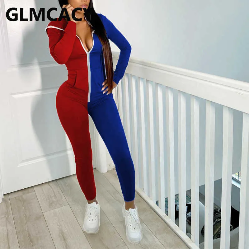 Women Long Sleeve Zipper Front Jumpsuit Colorblock Slim Overalls Jumpsuits 210702