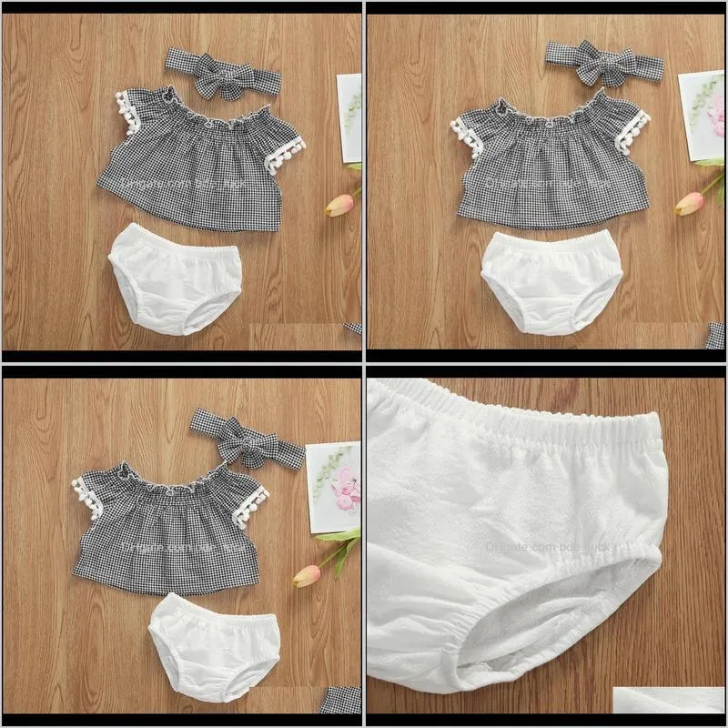 2020 Newborn Infant Baby Girls Boys Clothes Sets 3pcs Plaid Print Ruffles Sleeve T Shirts Tops+Shorts+Headband