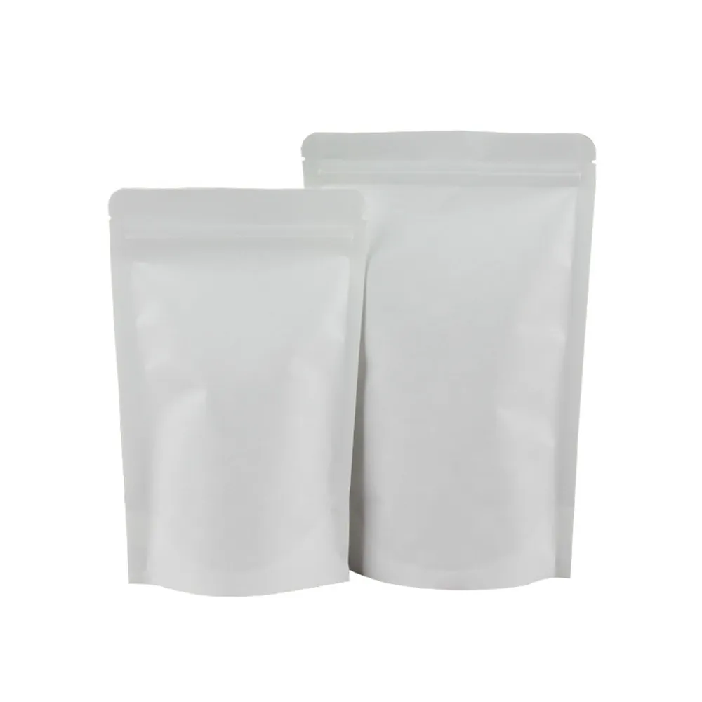 500 Pz Bianco Carta Kraft Blocco Cerniera Stand Up Sacchetto di Imballaggio Riciclabile Autosigillante Strappo Notch Sacchetto di Conservazione Degli Alimenti Carne Secca Noci