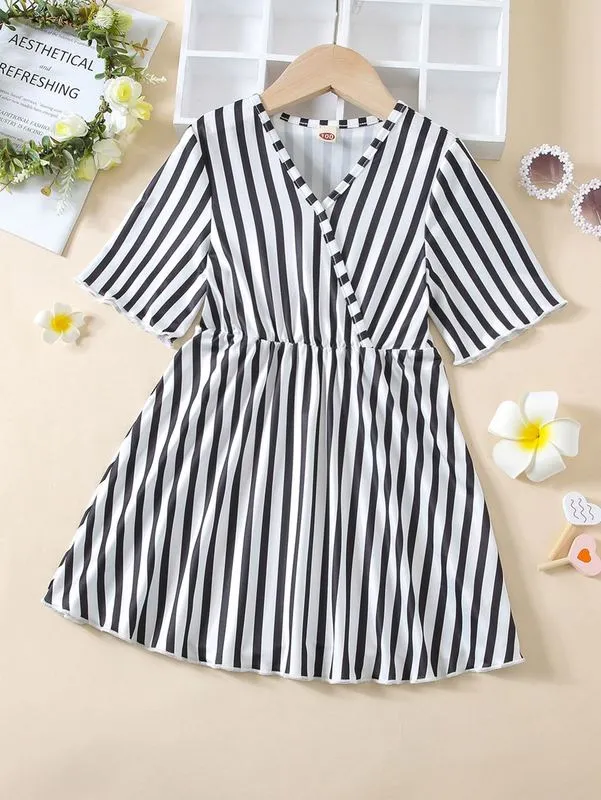 Toddler Girls Striped Print Surplice Neck Dress SHE