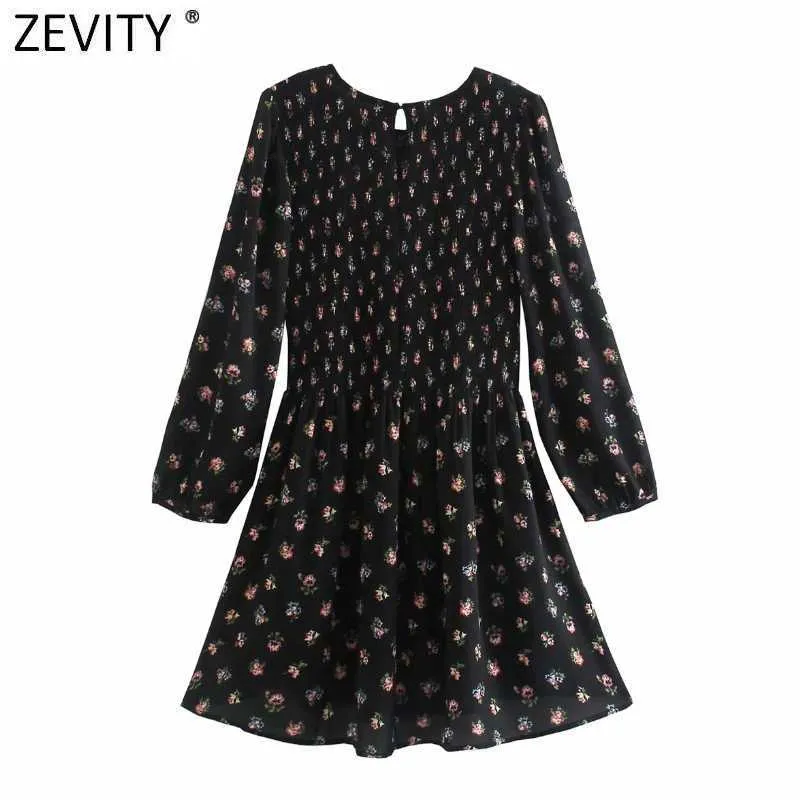 Zevity Frauen Elegante Blumendruck Elastische Plissee Design Casual Dünnes Kleid Weibliche Chic Puff Sleeve Kimono Vestidos DS8225 210603