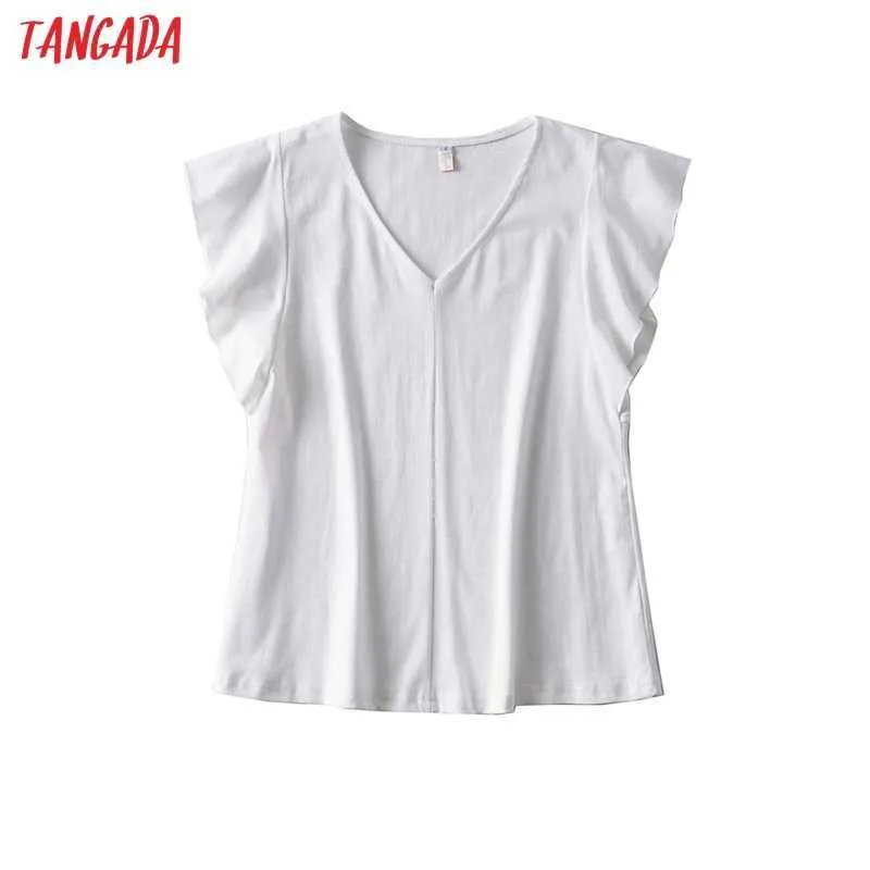 Tangada Kvinnor Vit Bomull T-shirt Ruffles Kortärmad V Neck Tees Ladies Casual Tee Street Wear Top Ai82 210609