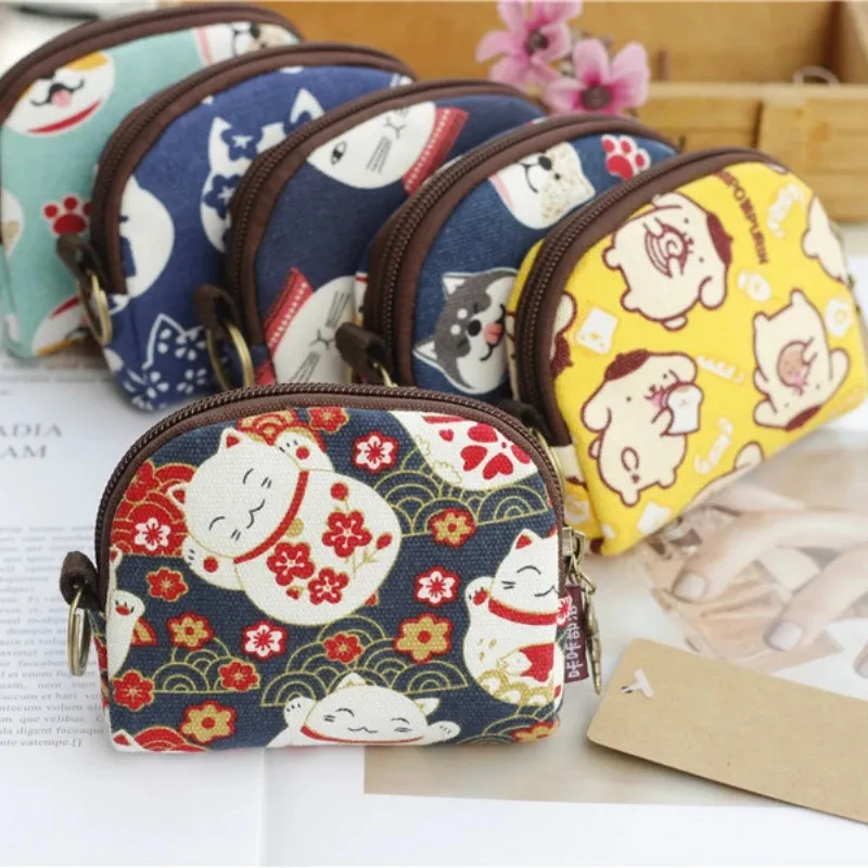 Mini borsa retrò Portamonete da donna Kawaii Portafoglio corto Ragazze Gatto Piccola borsa di tela Borse per carte Borse a mano da donna per bambini