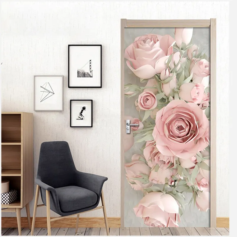 Style européen Rose Rose Porte Autocollant Pour Salon Chambre Étude PVC Porte Autocollant Décor Art Mural Creative 3D Stickers 210317