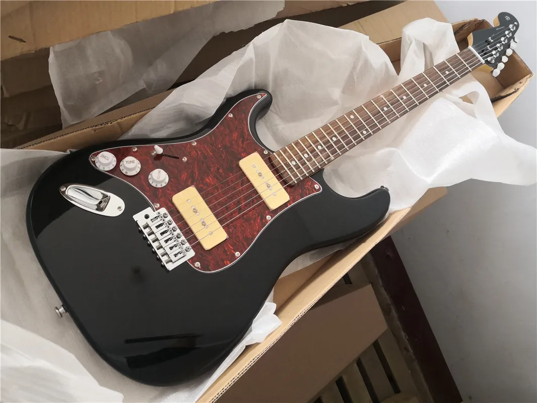 Guitarra eléctrica personalizada de fábrica, Guitarra de la estrella de la mano izquierda cuerpo negro, pastillas P90, Frebiteboard