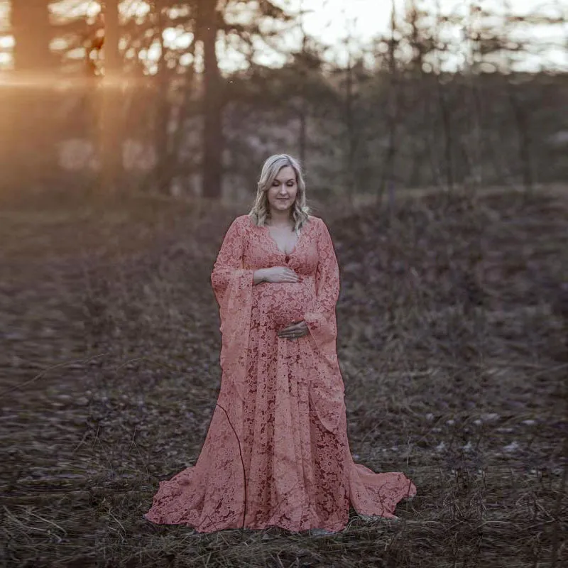 사진 촬영 레이스 레이스 공상 임신 드레스를위한 긴 섹시 출산 드레스 분할 전면 임산부 최대 가운 사진 소품 새로운 342C3