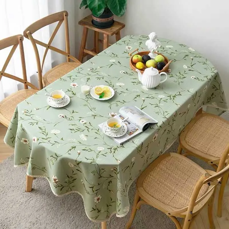 Nappe de salle à manger ovale de fleurs imprimées modernes, couverture de tissu de table de thé de café en lin de coton avec dentelle pour la décoration extérieure de la maison 2106279s