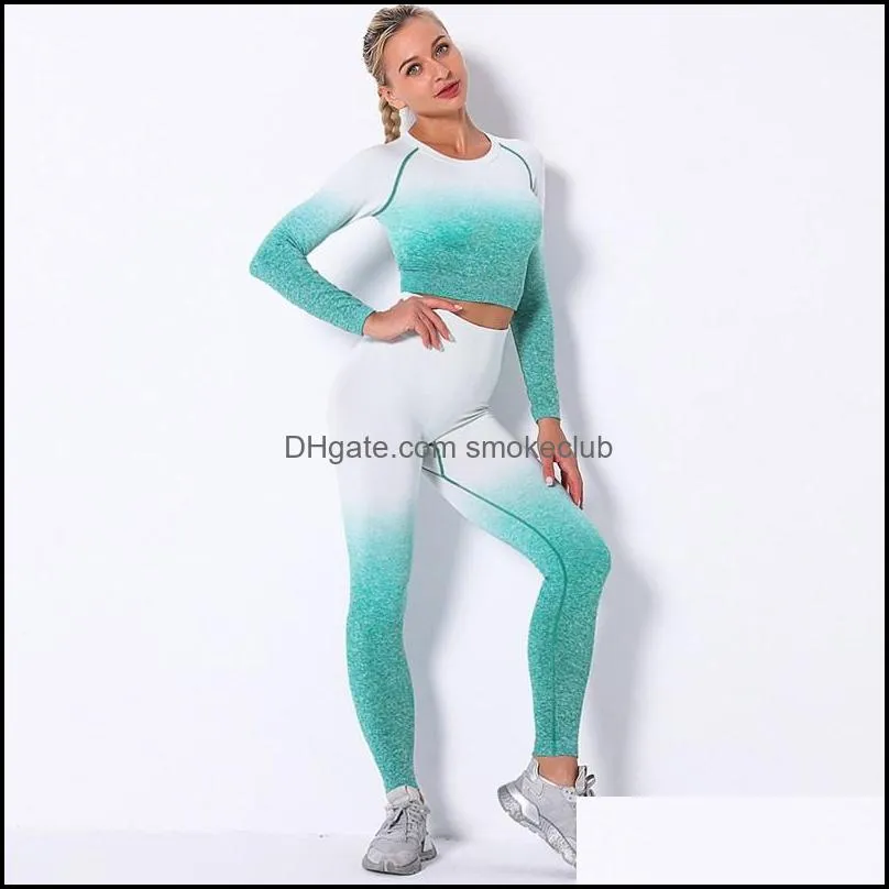 Yoga Outfits Women Autumn Gradient Colour Seamless Knitting Set Gym Tight Elastic Long Sleeve Top +High Waist Leggings Sport Suit