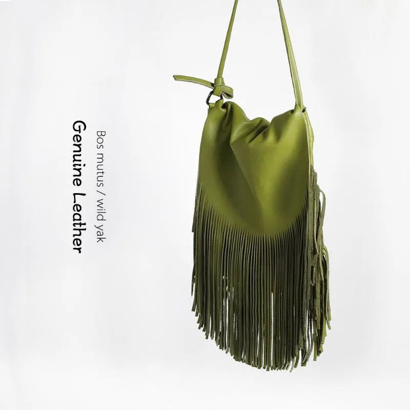 الأكياس المسائية نساء Fringe Messegner 100 ٪ من الجلد الأصلي شرابة Hobo Hippie Gyspsy Bohemian Green Crossbody Bag