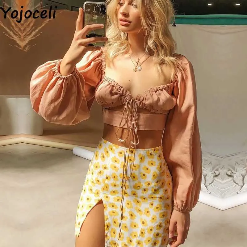 Yojoceli Lace Up Lanterna Sleeve Curta Blusa Mulheres Outono Elegante Party Casual Sexy Crop Top Feminino Chic Blusas 210609