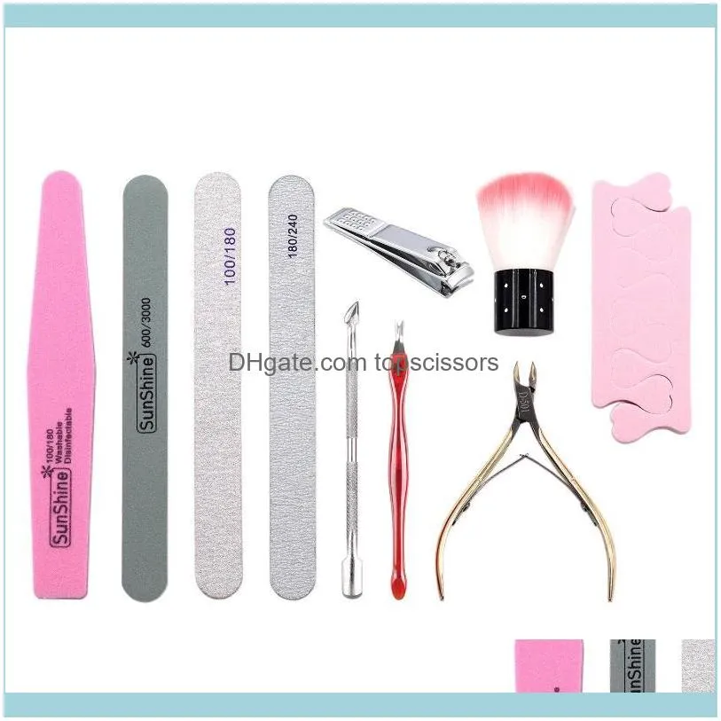 Kits Salon Health Beauty10Pcs / Set Ongles Aesorios Outils Kit Tout Pour Manucure Ciseaux Gel Vernis Tondeuse Lime À Ongles Tampon Cuticule Pu