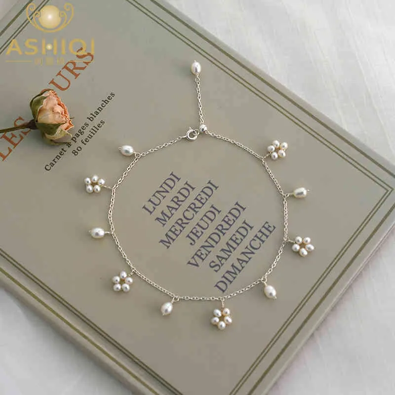 Ashiiqi Natural Słodkowodne Pearl Anklet Oryginalne 925 Sterling Silver Handmade Biżuteria Ślubna Lady