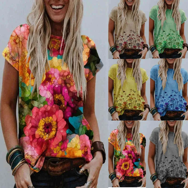 Lucyever plus storlek 5xl kvinna T-shirt sommar vintage blommig tryckt kortärmad T-shirt kvinna Casual Loose O-neck tees 210521