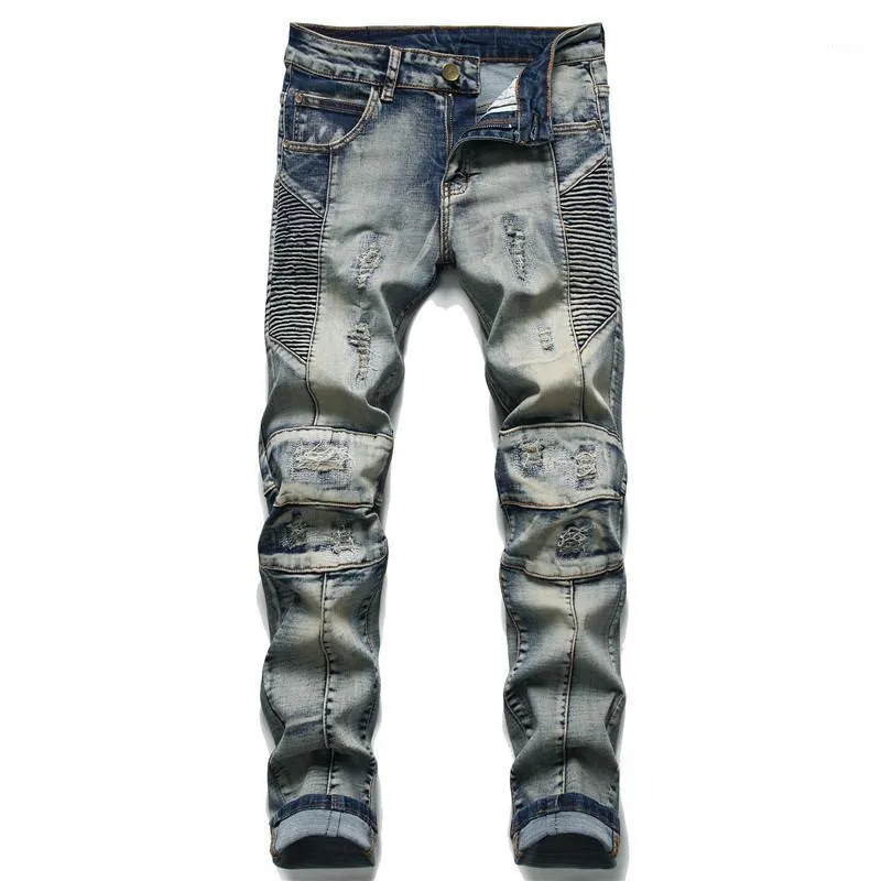 Männer Jeans Europäischen Stil Marke Männer Stretch Herren Slim Denim Hosen Gerade Reißverschluss Biker Elastische Blaue Hosen Für