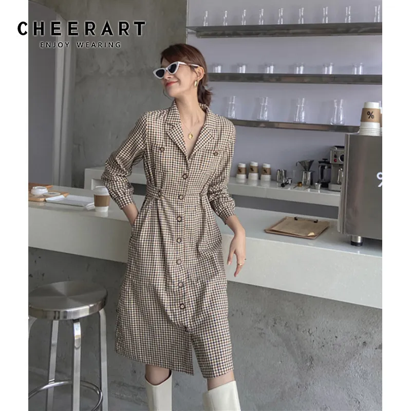 Vintage Plaid Long Tunic Dress Women Lapel Button Up Sleeve Midi Shirt Autumn Herben Style Clothes 210427