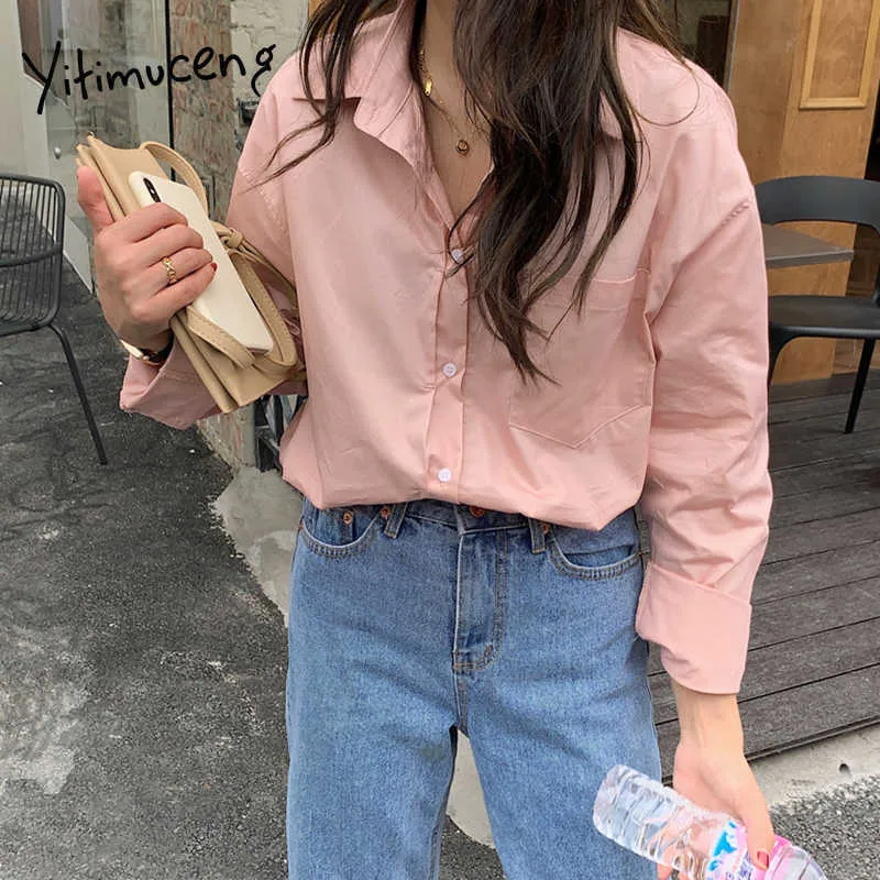 Yitimuceng Casual Bluzka Kobieta Oversized Office Lady Proste Topy Koreańska Moda Z Długim Rękawem Purpurowa Różowa Koszula Wiosna Lato 210601