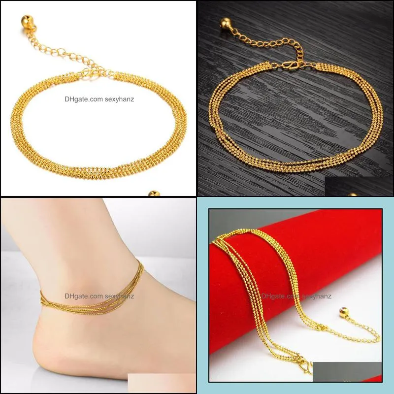 Anklets Simple Woman Yellow Gold Filled 4 Layered Thin Beads Bracelet On The Leg