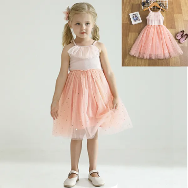 2021 Sommarklänning för tjejer 3-8Y Princess Pink Dresses Barnkläder Färgglada tårta Mesh Lace Dots Flower Barnkläder Q0716