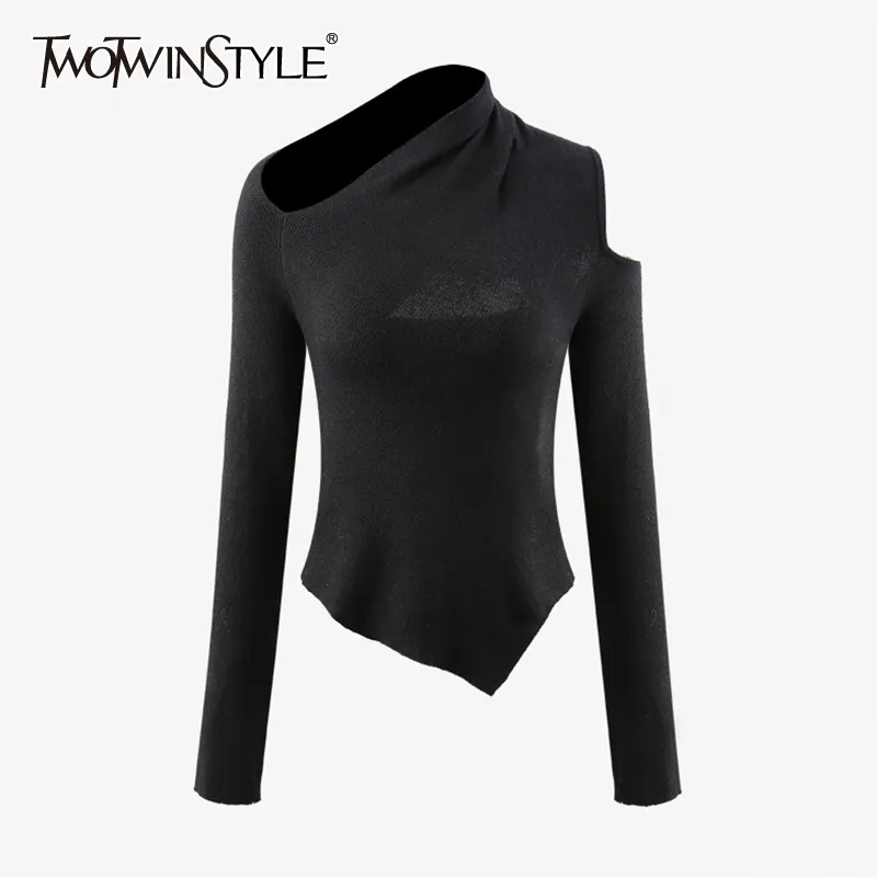 Twotwinstyle assimétrico preto camiseta para mulheres manga comprida oco out slim malha tops feminino moda roupas outono 210517