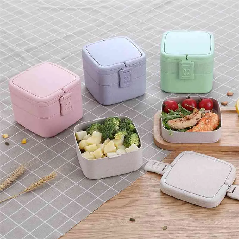 Lunch Box With Spoon Wheat Straw Cartoon Double-deck Portable Bento Food Storage Container For Kids Outdoors Microwavable 210423