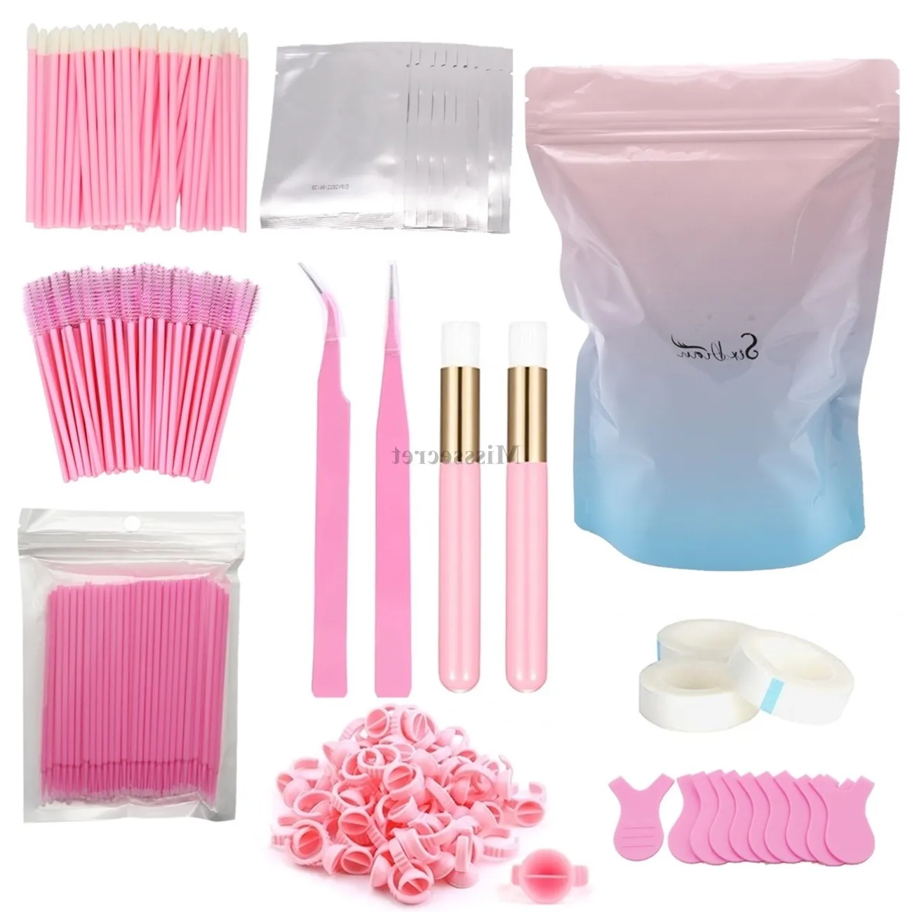 Wimper extension supplies kit roestvrijstalen pincetjes wimpers borstels onder ooggel pads mascara toverstokken lipborstel micro-applicators lijm