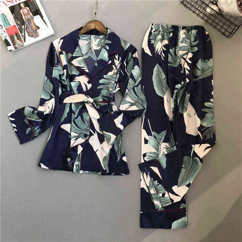 LISACMVPNNEL Lente Afdrukken Patroon Dames Pyjama Set Rayon Nachtkleding Lange mouw Broek Twee Papieren Suit 211109