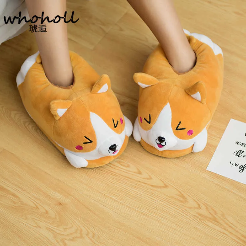 Homen Slippers Female Winter Plush Corgi Slippers Warm Women Floor Indoor Shoes Cute Funny Adult Slippers Flat Zapatillas Woman Y0731