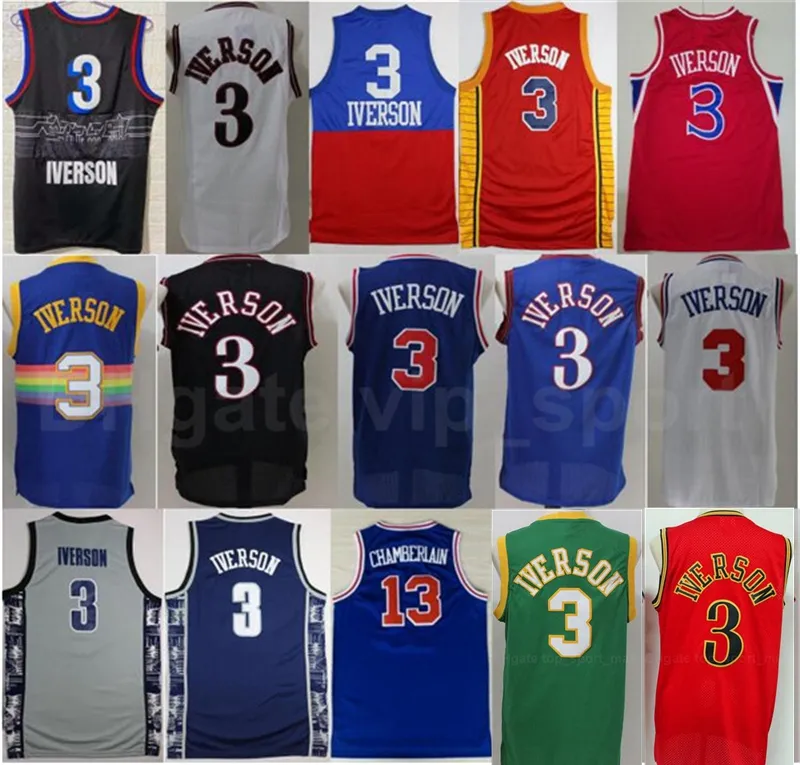 Georgetown Hoyas College Allen Iverson Jerseys 3 남자 농구 Wilt Chamberlain 13 블루 블랙 화이트 레드 그린 옐로우 좋은 품질