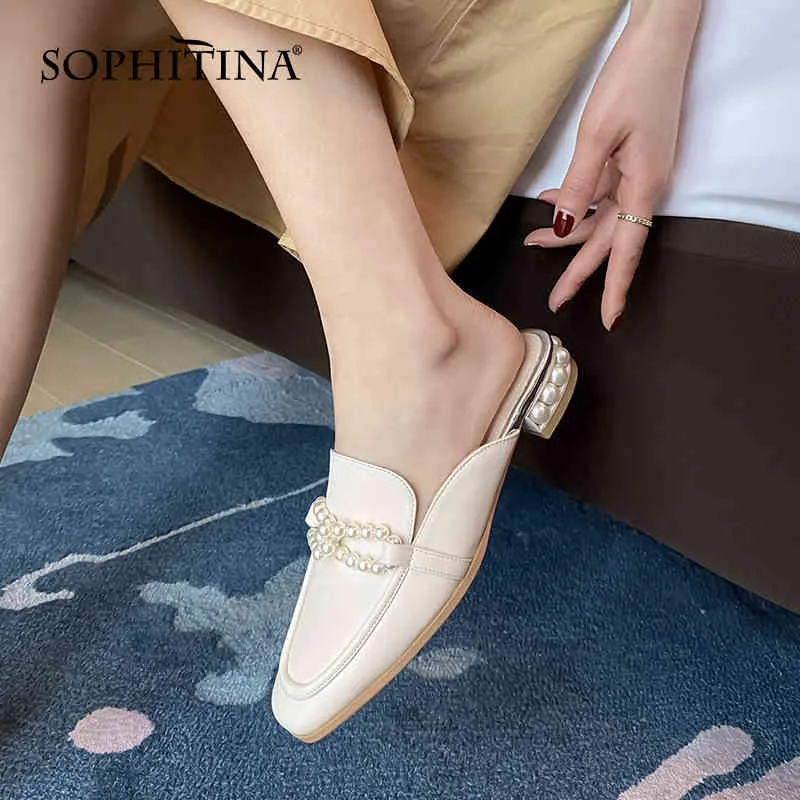 Sophitina韓国のファッションスリッパ女性の牛革ソフトハンドメイドレディーシューズ夏の野生の真珠の女性到着靴AO195 210513