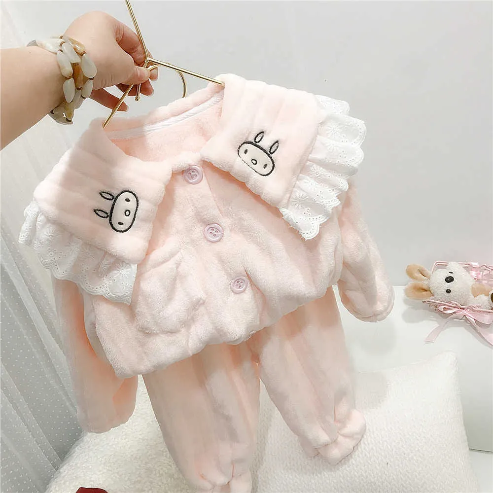 Kids Thick Warm Flannel Pyjamas Suits Baby Girls Lace Turn-Down Collar Tops+Pants Autumn Winter Children Home Clothes Sets H0909