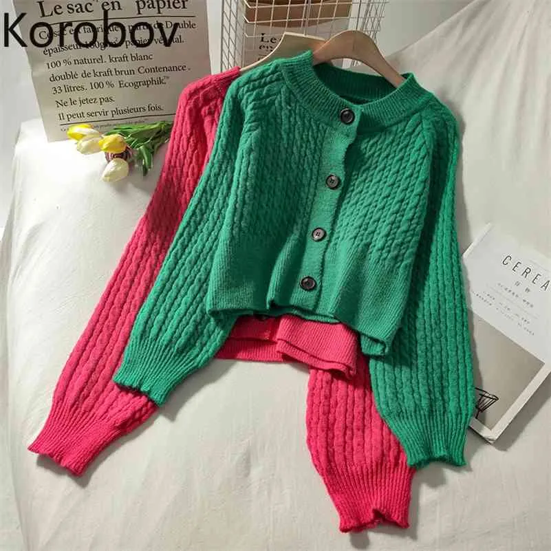 Korobov Women Sweaters Korean Autumn Vintage Long Sleevesingle Breasted Sueter Mujer O Neck Preppy Style Short Knit Cardigans 210430