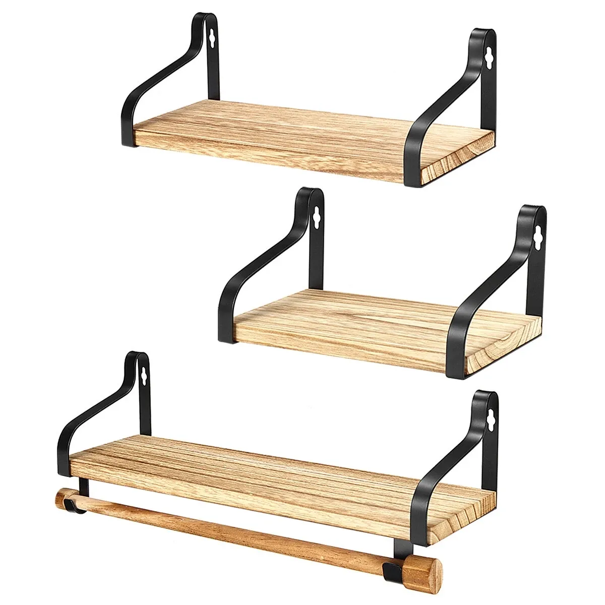 Scaffale a parete in ferro battuto tre strati portanti di stoccaggio in legno con ganci piante giocattoli accessori decorazioni cucina camera da letto