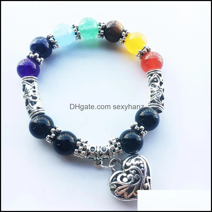 New 10mm seven chakras yoga multicolor agate beads bracelets colorful peach heart bracelet chakra couple bracelets