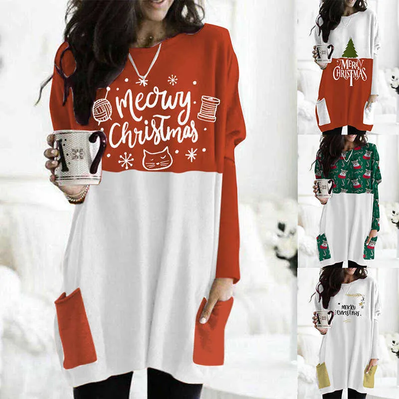 Casual Christmas Printed Women T-Shirt Dress Autumn Winter O Neck Long Sleeve Pocket Loose Ladies Party Mini es 210526