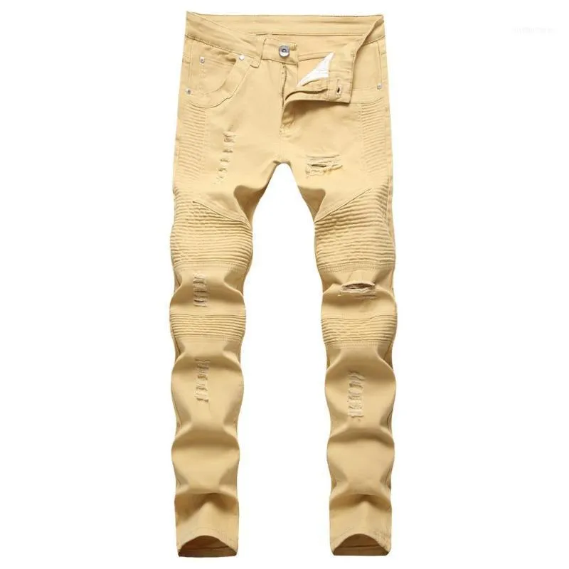 Jeans da uomo 2021 Tide Brand Personalità da motociclista Pantaloni slim fit stropicciati Jeans strappati cachi1