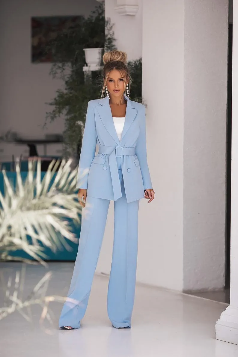 Nowoczesne kobiety Pant Garnitury Suknie Wieczorowe Z Kieszeniem 2021 Dwa Kawałki Długie Rękawy Niebo Niebieska Satyna Formalna okazja Suknie Tuxedos Prom Dress