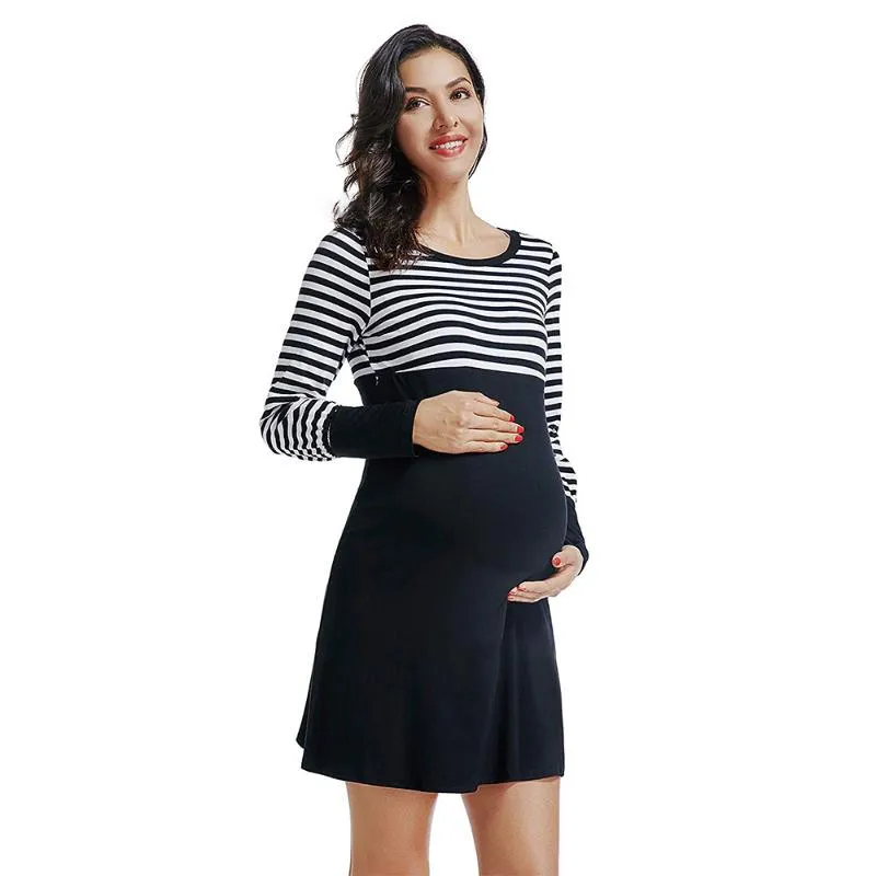 Maternity Dresses Women Slim Striped Nursing Dress For Breastfeeding Pregnancy Long Sleeve Ropa Embarazada D30