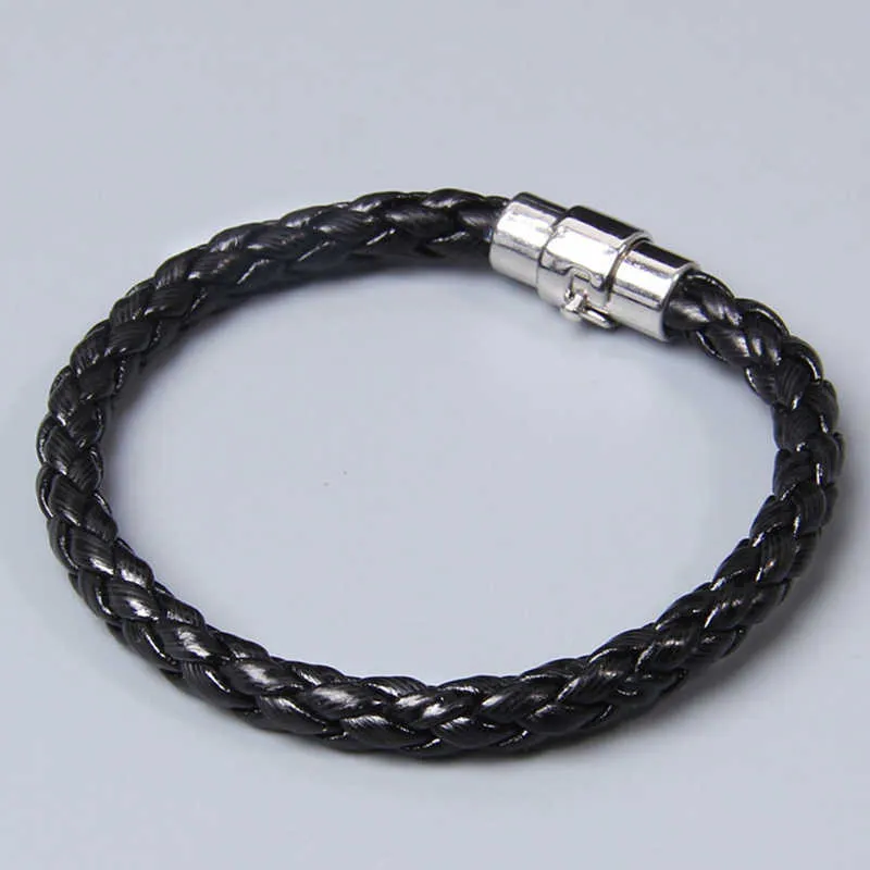 Bracciale da uomo in pelle nera fatta a mano con corda intrecciata, bracciale in metallo nero con fibbia magnetica, semplice braccialetto per gioielli, regali Q0719