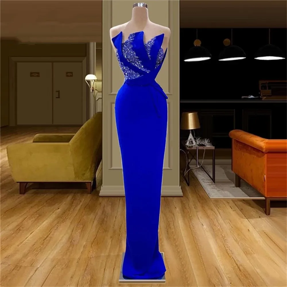 Sparkly Royal Blue Evening Dresses Elegant Sheer Neck Plus Size Beaded Prom Party Gowns Vestidos De Fiesta