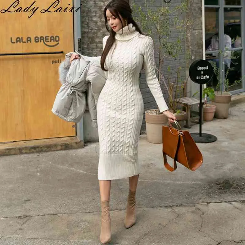 2020 осень зима высокое качество витой теплый свитер платье женщин водолазки с длинным рукавом bodycon платье элегантные вязаные vestidos x0521