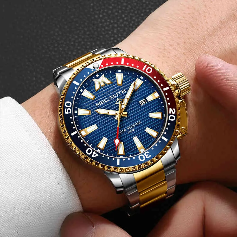 MEGALITH Gold Full Steel Watches Men Luminous Sports Quartz Date