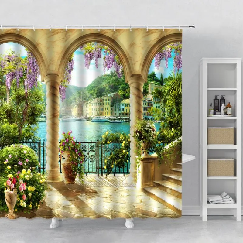 Duschvorhänge Europäischer Floral Landschaftsvorhang lila Blumen Bogen Tür Ozean Gebäude Landschaft Badezimmer Badewanne Badewanne Dekor