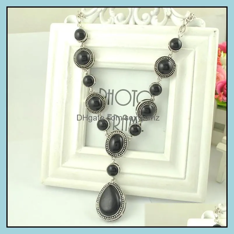 Autumn winter sweater chain turquoise water drop necklace female black stone retro exotic jewelry pendant