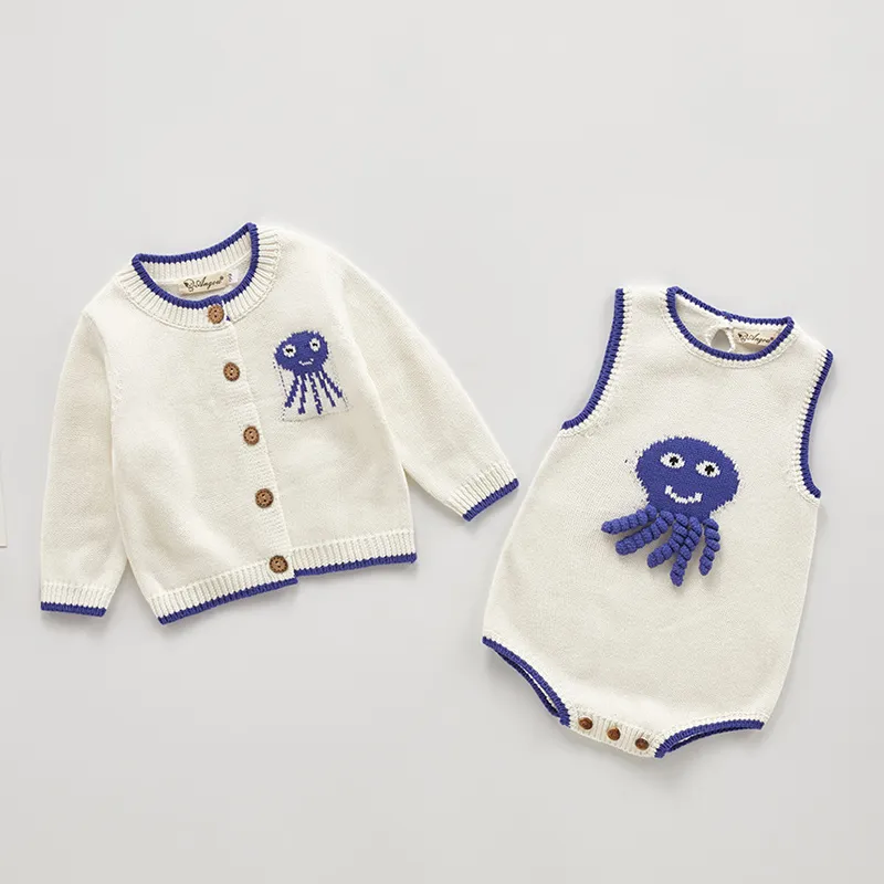 Frühling Herbst Infant Baby Mädchen Stricken Langarm Octopus Mantel + Hosenträger Strampler Kleidung Sets Kinder Mädchen Anzug Kleidung 210429